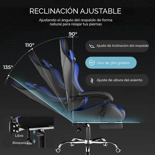 Miniatura 8 de GTPLAYER Silla para videojuegos, silla de computadora con reposapiés y soporte lumbar, silla de juego ajustable en altura con asiento giratorio