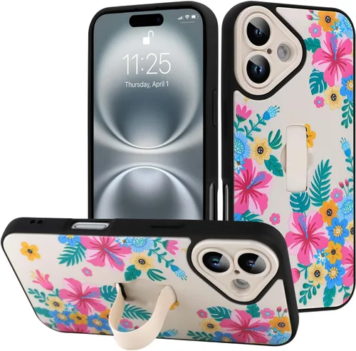 Miniatura 135 de Funda diseñada para iPhone 17 Pro Max con soporte plegable y correa para dedos, bonito patrón de lazo de corazón de flor rosa para mujeres y niñas
