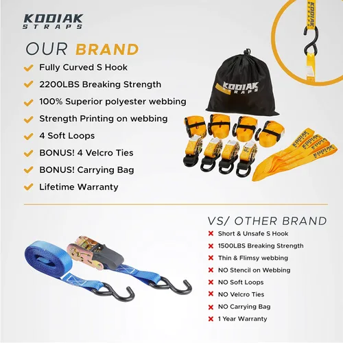 Miniatura 5 de KODIAK STRAPS Juego de correas de trinquete resistentes con 2200 correas de amarre de resistencia a la rotura 1 pulgada x 17 pies, paquete de 4