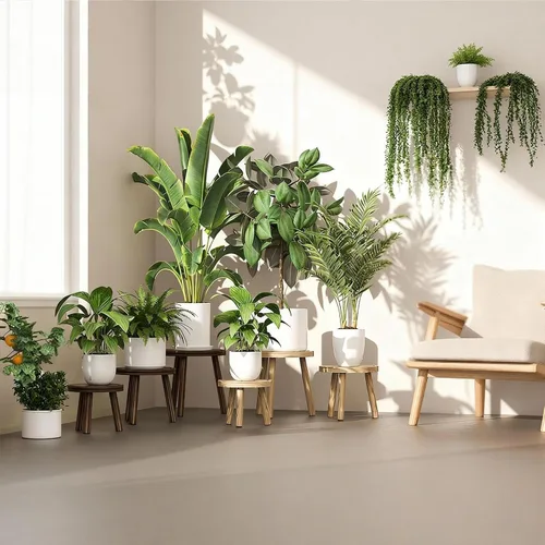 Miniatura 7 de Paquete de 3 soportes para plantas de interior y exterior, estilo moderno de mediados del siglo, taburete para plantas de madera, porta macetas