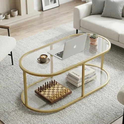Miniatura 13 de Mesa de centro de cristal dorado Mesas de centro para sala de estar, Mesa ovalada Mesa central con marco de metal resistente, Mesas decorativas