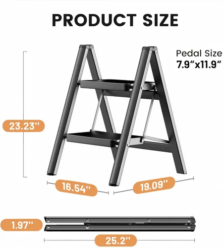Miniatura 9 de SOLADDER Taburete de 2 peldaños con pedal antideslizante y ancho, escalera de hierro portátil plegable para el hogar y la cocina, 300 libras