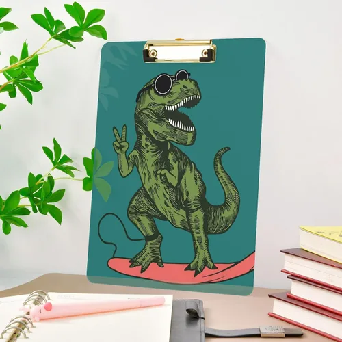 Miniatura 4 de Monopatín verde de dinosaurio, portapapeles de plástico transparente, resistente, lindo bloc de notas A4, clips para escritura, tablero rígido