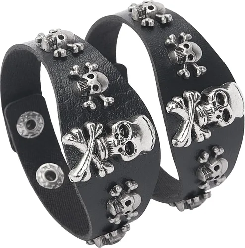 Miniatura 6 de Pulsera de calavera punk, brazalete de esqueleto de piel sintética para fiestas de Halloween, color negro