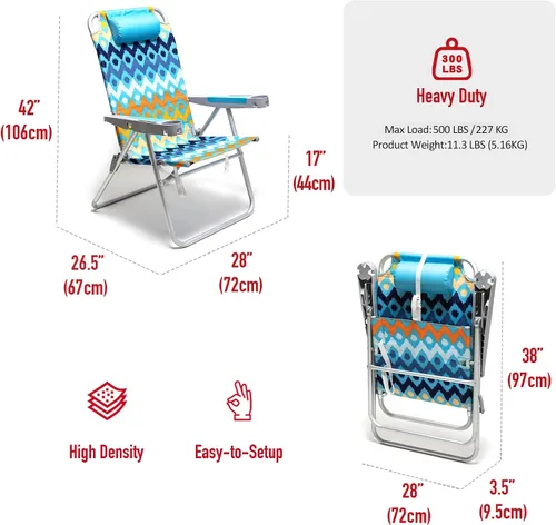Miniatura 3 de SUNNYFEEL Silla de Playa Plegable Extra Ancha de 28", 5 Posiciones Completamente Reclinable, Silla de Camping Portátil de 17" de Alto con Portavasos