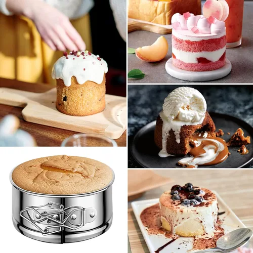 Miniatura 6 de Molde desmontable para tartas de 4 pulgadas, 4 piezas de moldes desmontables de acero inoxidable con 50 forros de papel, molde para cheesecake a