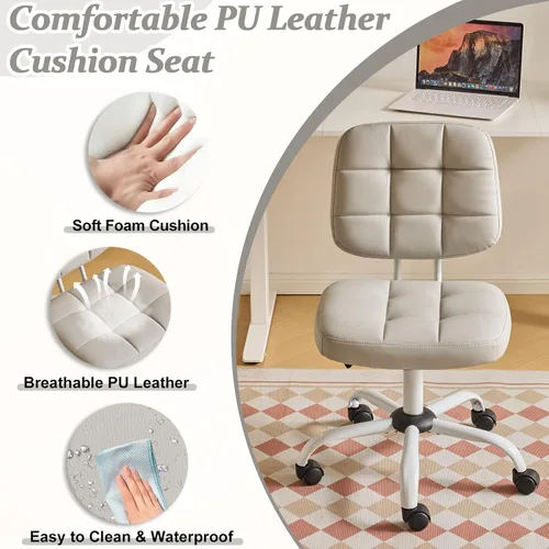Miniatura 4 de VINGLI Silla de escritorio pequeña compacta, bonita silla sin brazos con ruedas, silla de tocador con respaldo bajo, silla de trabajo de altura Gris