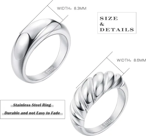 Miniatura 6 de THUNARAZ Juego de 2 anillos de cúpula gruesa para mujer, anillo trenzado minimalista y plateado, anillo apilable, anillo grueso de acero inoxidable