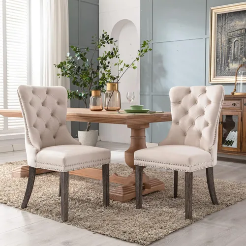 Miniatura 2 de KCC Nikki Collection - Juego de 4 sillas de comedor de terciopelo tapizadas de alta gama con anillo trasero de clavo, patas de madera maciza