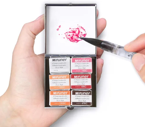Miniatura 24 de Mini Juego de Caja de Lata de Viaje de Pintura de Acuarela de Artista Portátil Hecha a Mano con 6 Medias Bandejas Sólidas con Purpurina Nacarada