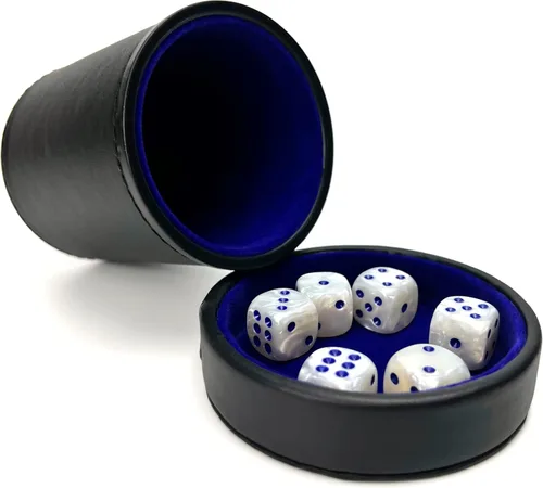 Luck Lab Taza de dados de cuero negro con tapa, incluye 6 dados de perlas a juego, interior de terciopelo azul para agitación silenciosa, uso para