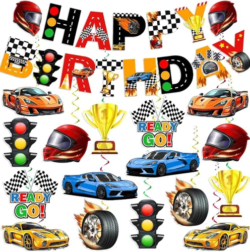 KORHONEN Decoraciones de fiesta de cumpleaños con temática de auto de carreras para niños y adultos, incluye pancarta de feliz cumpleaños y
