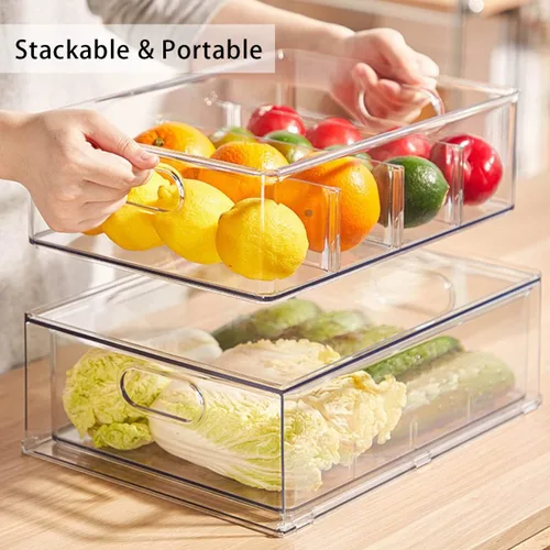 Miniatura 6 de Mano Paquete de 3 contenedores apilables extraíbles para nevera con asa, organizador transparente para almacenamiento de alimentos, caja