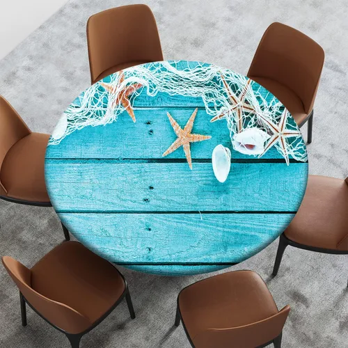 Miniatura 2 de Mantel redondo ajustable con patrón marítimo, borde elástico, adecuado para catering y cocina, se puede limpiar con el mantel de mesa redonda