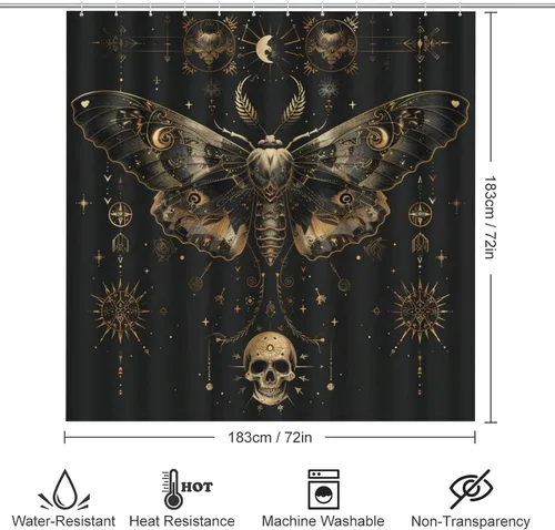 Miniatura 2 de Juego de 4 cortinas de ducha retro de estrella y luna, decoración de baño, cortina de ducha gótica de Halloween, mariposa aterradora con alfombra