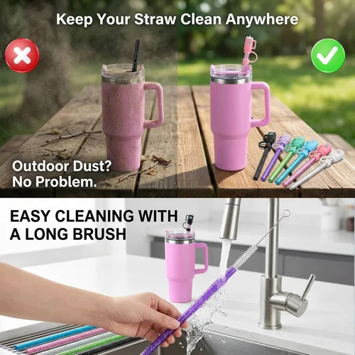 Miniatura 5 de 12 paquetes de pajitas brillantes de repuesto y fundas para taza de viaje Stanley Adventure de 40 oz, pajitas brillantes reutilizables con cepillo