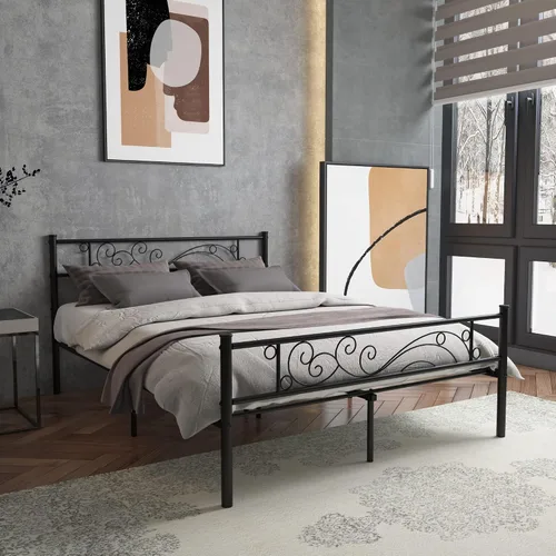 Miniatura 3 de Weehom Base de cama de metal con cabecero y estribo, no necesita somier, plataforma completa, color negro