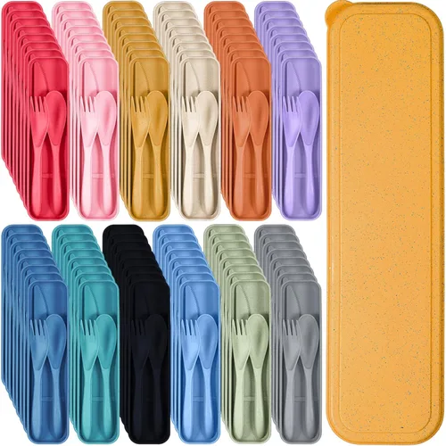 Miniatura 8 de Yahenda 28 Juegos de Utensilios de Viaje Reutilizables con Estuche, Cubiertos de Paja de Trigo Portátiles, Cuchara Cuchillo Tenedor, Vajilla