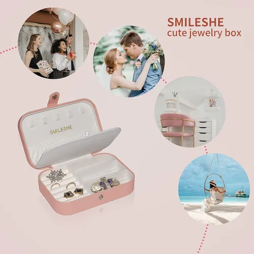 Miniatura 3 de Smileshe Joyero estuche de viaje portátil pequeño de piel sintética organizador de 2 capas caja de almacenamiento para anillos aretes collares
