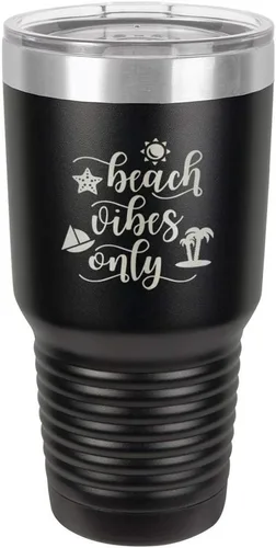 BEACH VIBES ONLY - Vaso negro de 30 onzas con popote y tapa superior deslizante, taza de viaje de acero inoxidable, en comparación con Yeti Rambler