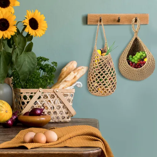 Miniatura 6 de 9 cestas colgantes de yute para cocina, cestas de pared tejidas estilo bohemio, almacenamiento de productos para ajo, cebolla, papa, plátano, ahorro