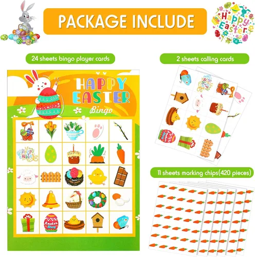 Miniatura 2 de Juego de bingo de Pascua, 24 jugadores, tarjetas de bingo y marcadores de zanahoria para niños y niñas, escuela, aula, actividades familiares
