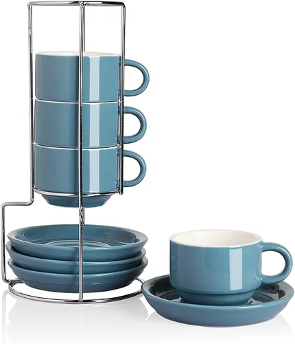 Miniatura 19 de Sweejar - Tazas de café de porcelana con platillos, tazas de capuchino apilables de 4 onzas con soporte de metal para bebidas de café, café