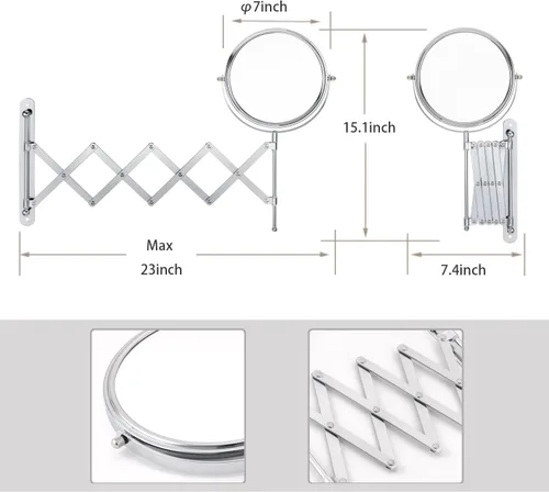 Miniatura 8 de Welllink - Espejo extensible de 7 pulgadas para baño, montaje de tornillo que ahorra espacio, espejo de aumento 3X/1X, vidrio HD sin distorsión