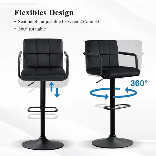 Miniatura 4 de Furniliving Taburetes de bar ajustables con respaldo, juego de 2 taburetes de bar negros, taburetes de bar de terciopelo con giro de 360°, taburetes