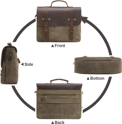 Miniatura 6 de Bolsa de mensajero para hombre, de lona encerada, maletín para laptop de 15.6 pulgadas, estilo vintage, de cuero, impermeable, para la escuela