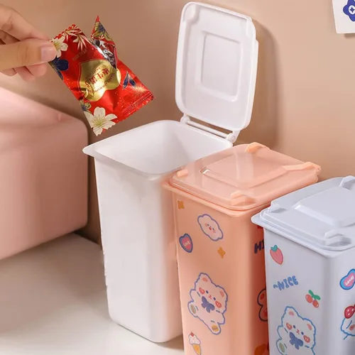 Miniatura 7 de GANAZONO Mini basurero de escritorio con tapa, organizador pequeño para bolígrafos, almacenamiento compacto de mesa, 6.29 x 3.93 x 2.55 pulgadas