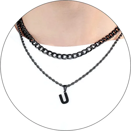 Miniatura 51 de SENRAN Collar con inicial en capas de la A a la Z para hombre, cadena de cuerda torcida de acero inoxidable de 18 a 20 pulgadas, dije de letra