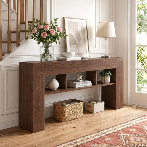 Miniatura 7 de EnHomee Mesa de consola de 63 pulgadas de largo para entrada con estantes de almacenamiento extra, mesa de sofá de estilo granja detrás del sofá