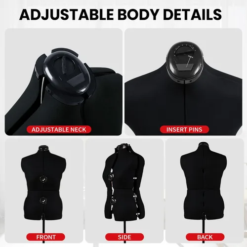 Miniatura 4 de Maniquí Ajustable para Vestidos Negro, Forma de Cuerpo Femenino de Talla 12-18, para Costura, Forma de Cuerpo con 13 Diales y Ruedas Desmontables