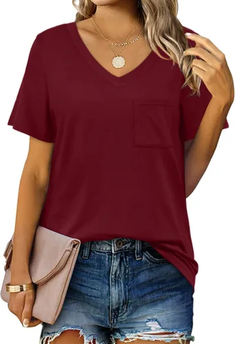 Miniatura 25 de Geifa Camisetas de manga corta con cuello en V para mujer, camisetas casuales de verano con bolsillo
