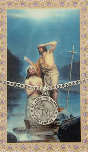 Miniatura 2 de Sterling Faith Medalla redonda de peltre San Juan el Bautista cadena infinita de 240in tarjeta de oración laminada