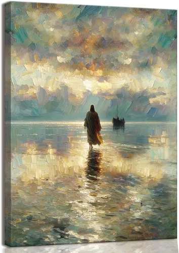 Miniatura 12 de Lienzo enmarcado dorado y blanco de Jesús caminando sobre el agua, arte de pared, póster religioso cristiano, cuadro de pintura de Cristo