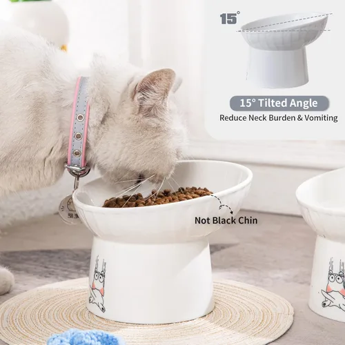 Miniatura 5 de Cuencos elevados de cerámica para gatos de 16.5 cm de ancho extra, juego de 2 cuencos inclinados para comida y agua, de porcelana, sin estrés