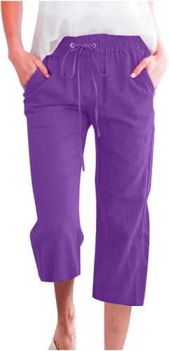 Miniatura 10 de Ceboyel Pantalones capri para mujer para verano, cintura elástica, pantalones de yoga, con cordón, pantalones de lino, pantalones de entrenamiento
