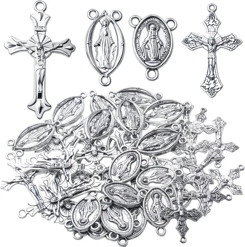 Miniatura 9 de 40 piezas de 4 estilos de cruz y centro de rosario de aleación tibetana María milagrosa medalla Jesús Crucifijo Crucifijo y eslabones ovalados