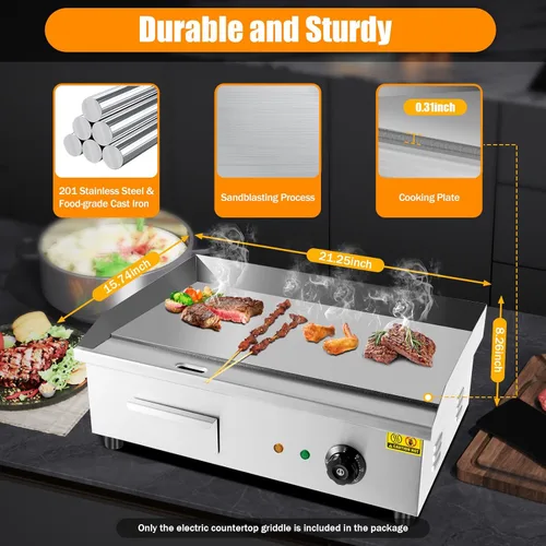 Miniatura 2 de Plancha eléctrica antiadherente de 3000 W, parrilla termostática de doble control de 572 °F/572.0 °F con disyuntor de sobrecarga, parrilla