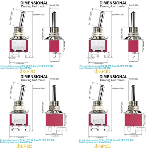 Miniatura 2 de 20 unidades de 4 tipos de interruptores de palanca CA 5A/125V 2A/250V 3-6 pines terminales de encendido/apagado/encendido 2-3 posiciones SPDT Mini