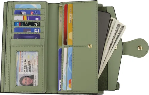 Miniatura 2 de Travelambo - Cartera de piel auténtica encerada con bloqueo de identificación de radiofrecuencia RFID para mujer con gran capacidad bolso de mano