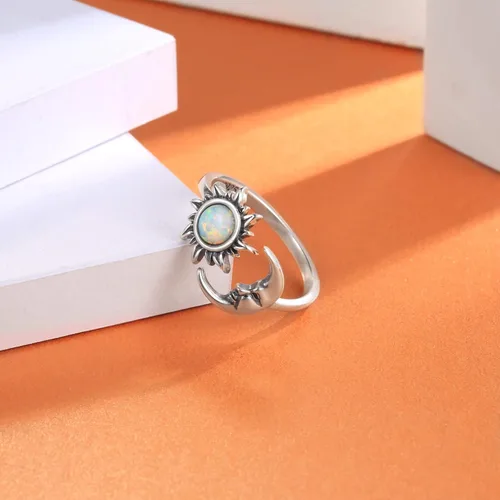 Miniatura 4 de Anillo de ópalo con sol y luna ajustable, plata de ley 925, con cara de luna creciente, regalo de joyería vintage para mujer