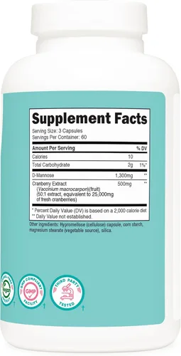 Miniatura 5 de Nutricost D-manosa con extracto de arándano para mujeres, 180 cápsulas para 60 porciones por botella, vegano, sin OMG y sin gluten