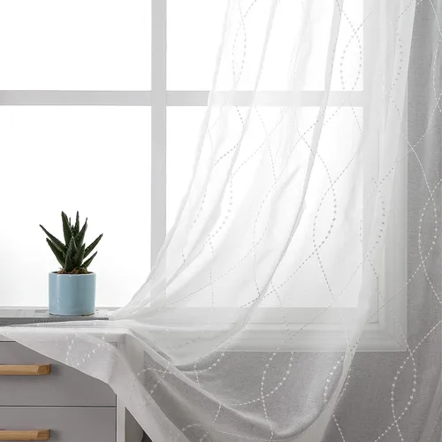 Miniatura 9 de VISIONTEX Cortinas traslúcidas blancas de 63 pulgadas de largo, juego de 2 paneles de bordado marroquí con puntos beige, tela de gasa bordada