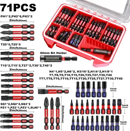 Miniatura 2 de Geinxurn Juego de Puntas de Destornillador de Impacto, 71 Piezas, Estuche de Almacenamiento Magnético de Acero S2, Puntas de Inserción Múltiple