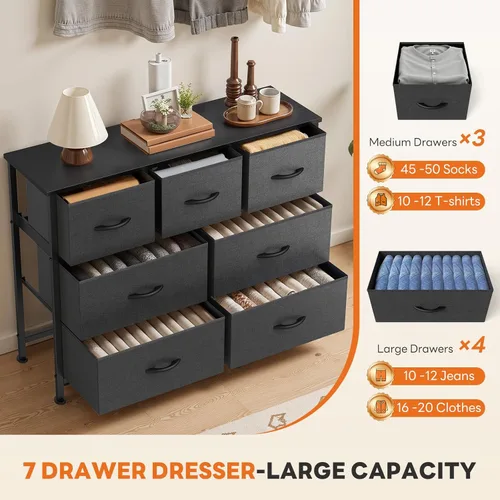 Miniatura 6 de Sweetcrispy Cómoda de 7 cajones con cubos de tela, torre organizadora de almacenamiento de tela para dormitorio, armario, pasillo, entrada, cómoda