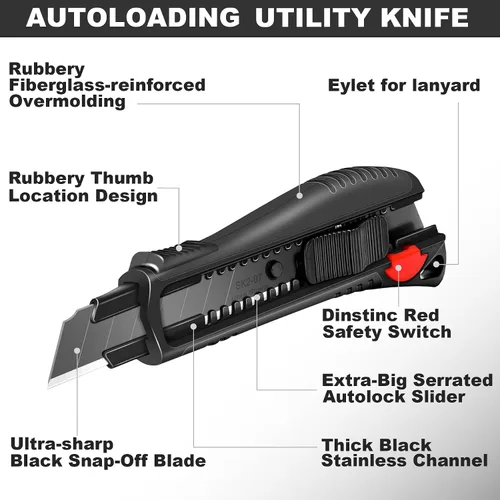 Miniatura 2 de HAUTMEC Cuchillo utilitario de 18 mm con agarre suave y bloqueo automático con interruptor de seguridad rojo, cortador resistente con hoja negra