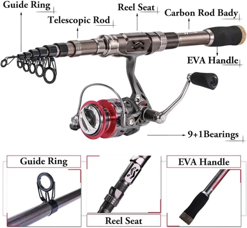 Miniatura 5 de Sougayilang - Combos de carretes y cañas de pescar, fibra de carbono 24 toneladas, carretes y cañas telescópica portátiles para viajes, pesca